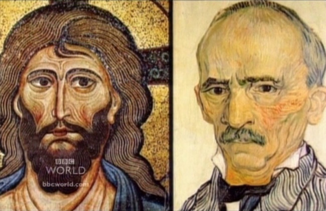 Слева: Византийская мозаика 12 века. Справа: Винсент Ван Гог «Портрет господина Трабука» 1889 г.